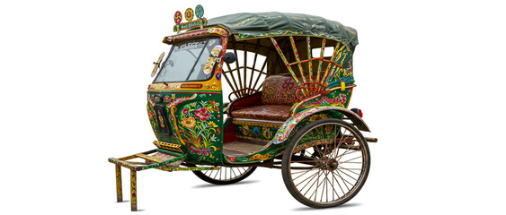 Colorful rickshaw a traditional mode of transport displaying intricate floral artworks and green canopy isolated on white