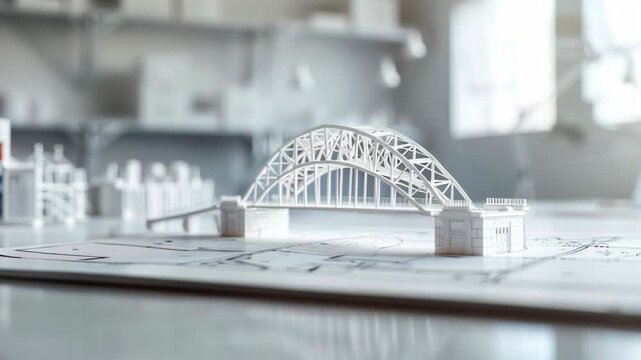 Detailed 3D model of a bridge atop a blueprint, showcasing architectural intricacies, likely Tyne Bridge. Emphasizes creativity and technical planning in a professional setting.
