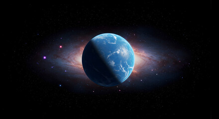 Fototapeta premium A Blue Planet Illuminated In Front Of A Galaxy In The Vast Universe