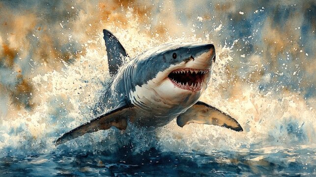 Great white shark leaping from the water. Powerful, dynamic image of a great white shark emerging from the water, mouth agape, amidst a dramatic, textured backdrop