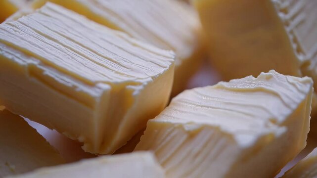 Close-up animation of layered sliced butter in macro view, smooth motion showing texture and folds, ideal for dairy industry, culinary visuals, or food product presentation