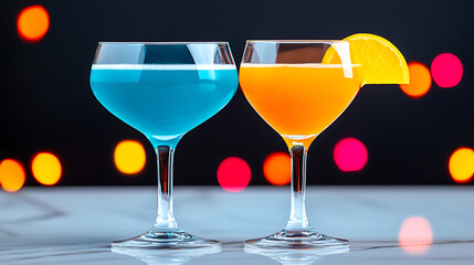 Colorful Cocktails Displayed on a Marble Surface With Vivid Background Lights Creating a Festive Atmosphere
