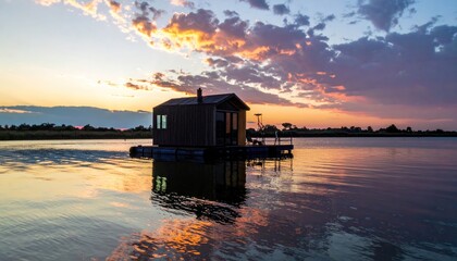Floating cabin nestled on tranquil waterscape at dusk in Botswana Africa