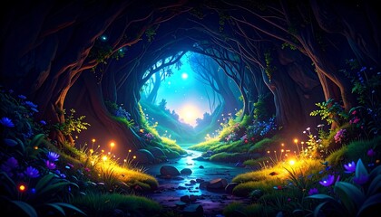 Enchanted Forest Path: A Dreamlike Night Scene