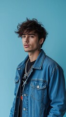 Fototapeta premium Bruneian male young adult wearing grunge fashion on plain ice blue background