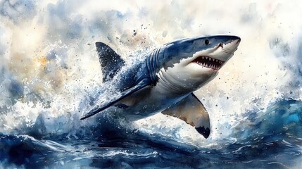 Naklejka premium Powerful great white shark leaping out of water