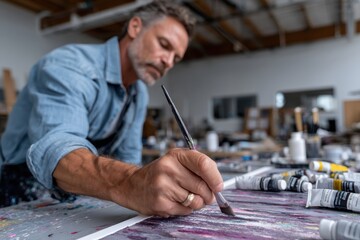 Fototapeta premium An artist is focused on creating an intricate painting in a vibrant, creative studio space, showcasing the process of artistic expression and the beauty of creativity unfolding.