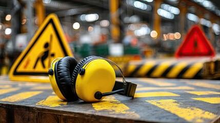 Earmuffs shown next to safety signage and warning labels in a factory safety zone