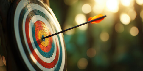 Arrow hitting center of archery target. Arrow perfectly hitting the bullseye, exemplifying skilled aim and precision.