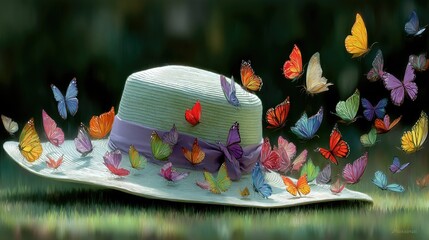 A light-colored sunhat adorned with vibrant butterflies rests on a grassy surface
