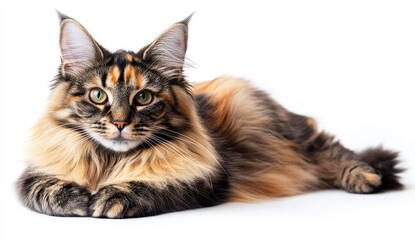 Longhaired Calico Maine Coon Cat Lying on White Background