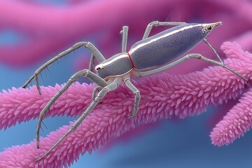 Fototapeta premium Spider Crawling on Vibrant Pink Flower Stamen