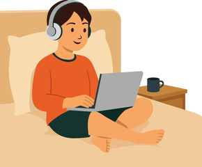 Young man watching movies with laptop and headphones at home