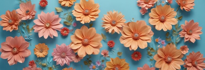Vibrant paper flowers, light blue backdrop, central space  ,  greeting card,  paper craft