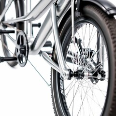 Close-up of a silver bicycle wheel with a black tire and a detailed spoke pattern