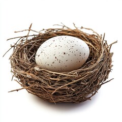Obraz premium Speckled Bird Egg in Twig Nest on White Background