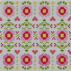 Knitted Folk Floral Pattern Pink Blooms on White Background