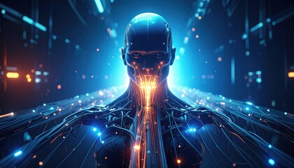 Futuristic humanoid robot with glowing circuitry and digital connections