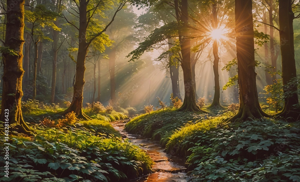 Poster Forest with a stream running through it. The sun is shining through the trees, casting a warm glow on the scene. Scene is peaceful and serene, with the natural beauty of the forest