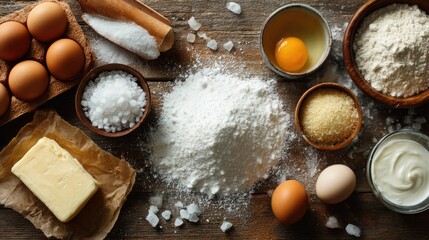 Flat lay of white sugar surrounded by ingredients like flour, eggs, and butter, ready for baking