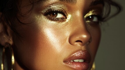 Glamorous portrait of a woman with metallic gold eyeshadow, glossy lips, and flawless skin under dramatic lighting