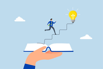 Effective learning new knowledge lead to success, young man running on opening book with stair up to lightbulb idea.