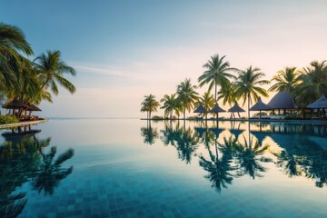 Fototapeta premium Tropical beach panorama with clear blue water and palm trees under sunny sky, tranquil coastal scene