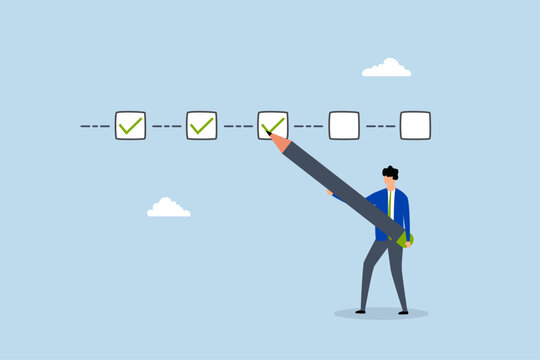 Project tracking, businessman project manager tick project checklist progress.