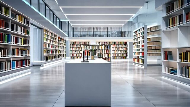 Modern library interior with bookshelves and central display in sleek architectural design