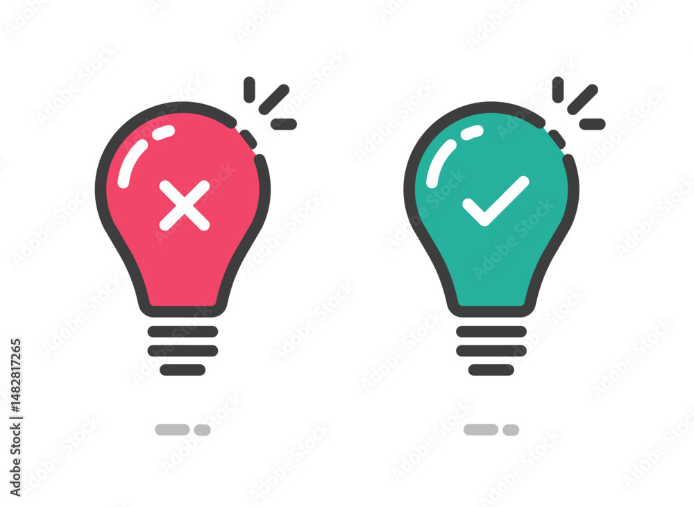Aufkleber light bulb icon line stroke with cross and check mark as bad good innovation idea red green vector g