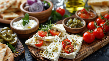 Fototapeta premium Feta Cheese Appetizer with Tomatoes and Olives