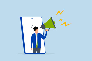 Mobile marketing, man telling promotion on megaphone appearing from mobile smartphone