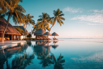 Fototapeta premium Serene Tropical Beach with Palm Trees and Clear Blue Water