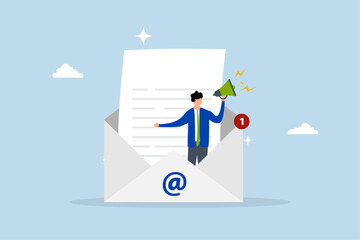 entrepreneur positioned inside email envelope proclaiming promotion via megaphone.