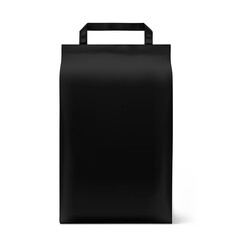 Black paper packaging bag with handle mockup. Front view. Vector illustration isolated on white background. Ready for use in presentation, promo, advertising and more. EPS10.