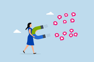 Social media marketing, woman online influencer using magnet to draw love symbols.