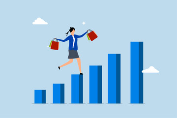Fototapeta premium Customer lifetime value, customer woman with shopping bags walk on CLV graph and chart.