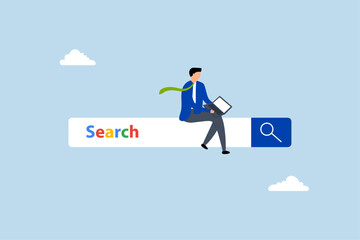 Search box, man working with computer laptop on search box with magnifying glass button.