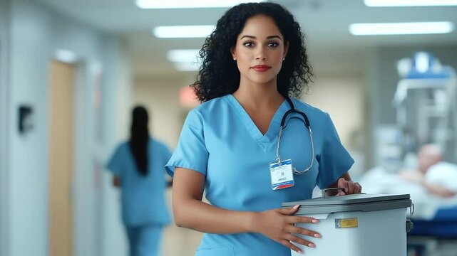 A determined female doctor in blue scrubs walking with an organ transport cooler in hand, her ID badge swinging as she moves with focus toward the operating room.