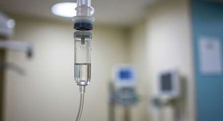 Intravenous fluid drip infusing clear liquid, hospital setting, patient support
