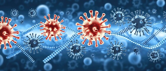 Virus Microscopic view of viruses among DNA strands in blue liquid background