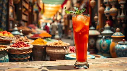 Middle Eastern tamarind drink in a tall glass at a bazaar counter