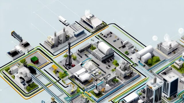 Isometric rendering of an industrial complex showing buildings, machinery, roads, pipes, and infrastructure for planning and analysis.