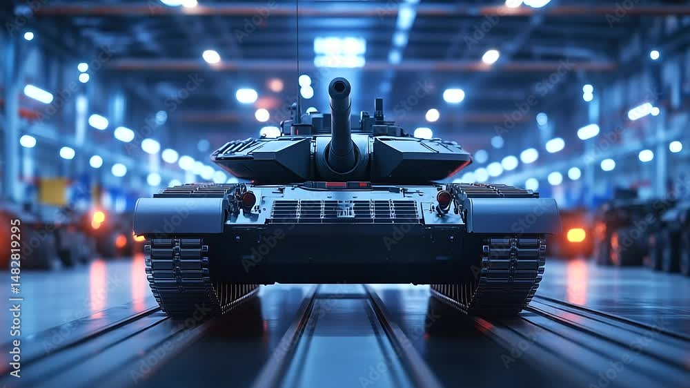 Poster a close-up view of a massive tank turret being installed on an armored vehicle in a high-tech milita
