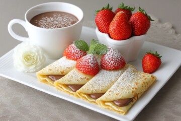 A crepe folded with strawberries Nutella and powdered sugar on top