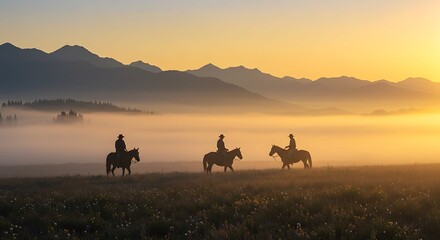 Golden Hour Riders: Misty Mountain Sunrise