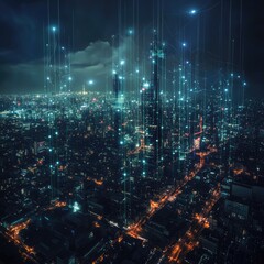 Obraz premium Night city skyline, digital connections. Illuminated cityscape at night, with glowing lines connecting buildings