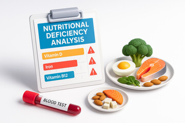 Nutritional consultation with subtopics on deficiency analysis, healthy food, and blood test for vitamin and iron levels