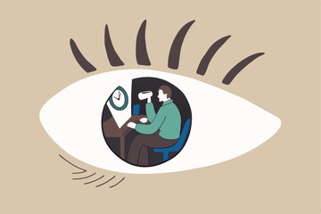 Micromanagement, too much details and manipulation or controlled from boss or distrust employee concept, depresses employee working in boss, manager eyes who watching and staring at him all time.