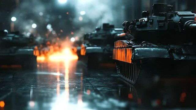 A row of partially assembled tanks in a dimly lit factory, with sparks flying from welding as workers reinforce thick steel armor.
